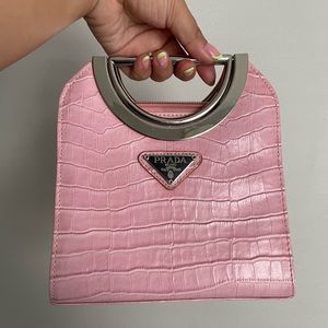 Pink Crocodile Embossed Y2K Handbag with Metal Handles